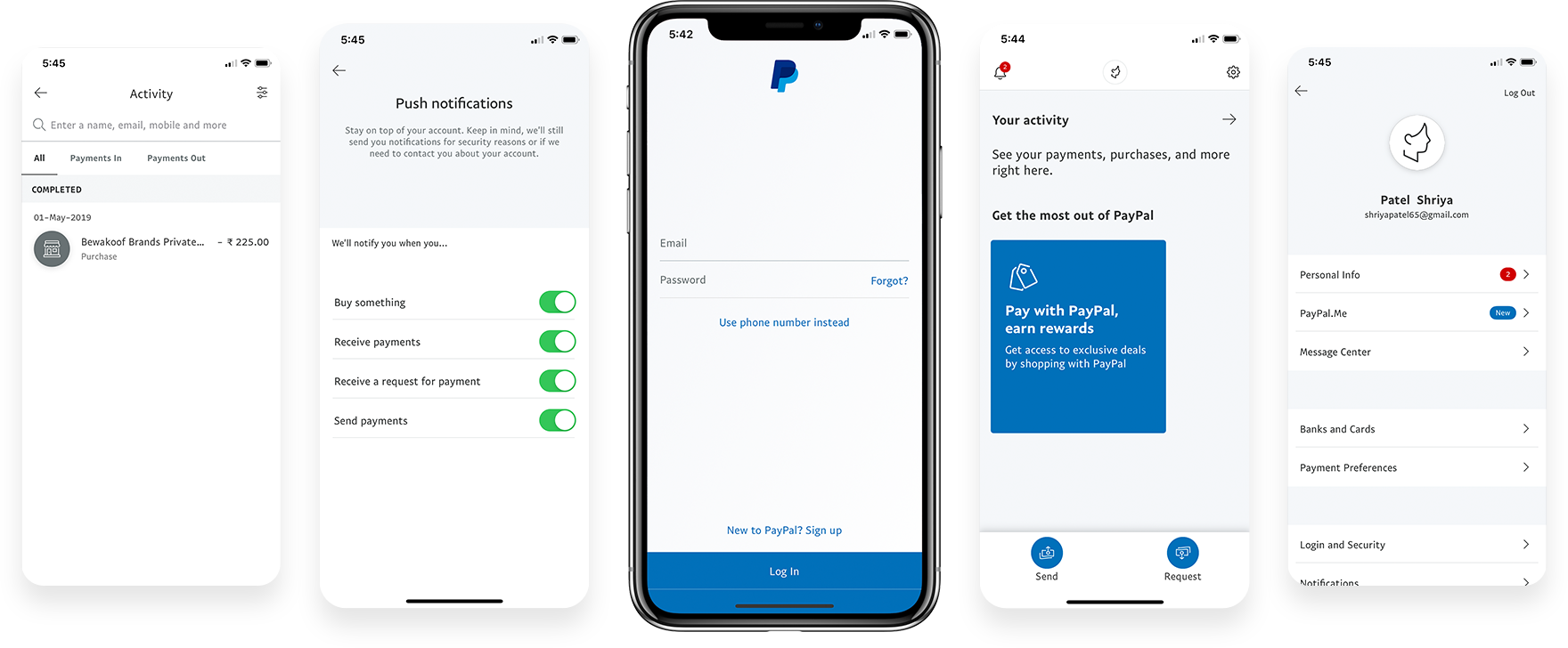 Screenshots of the PayPal App