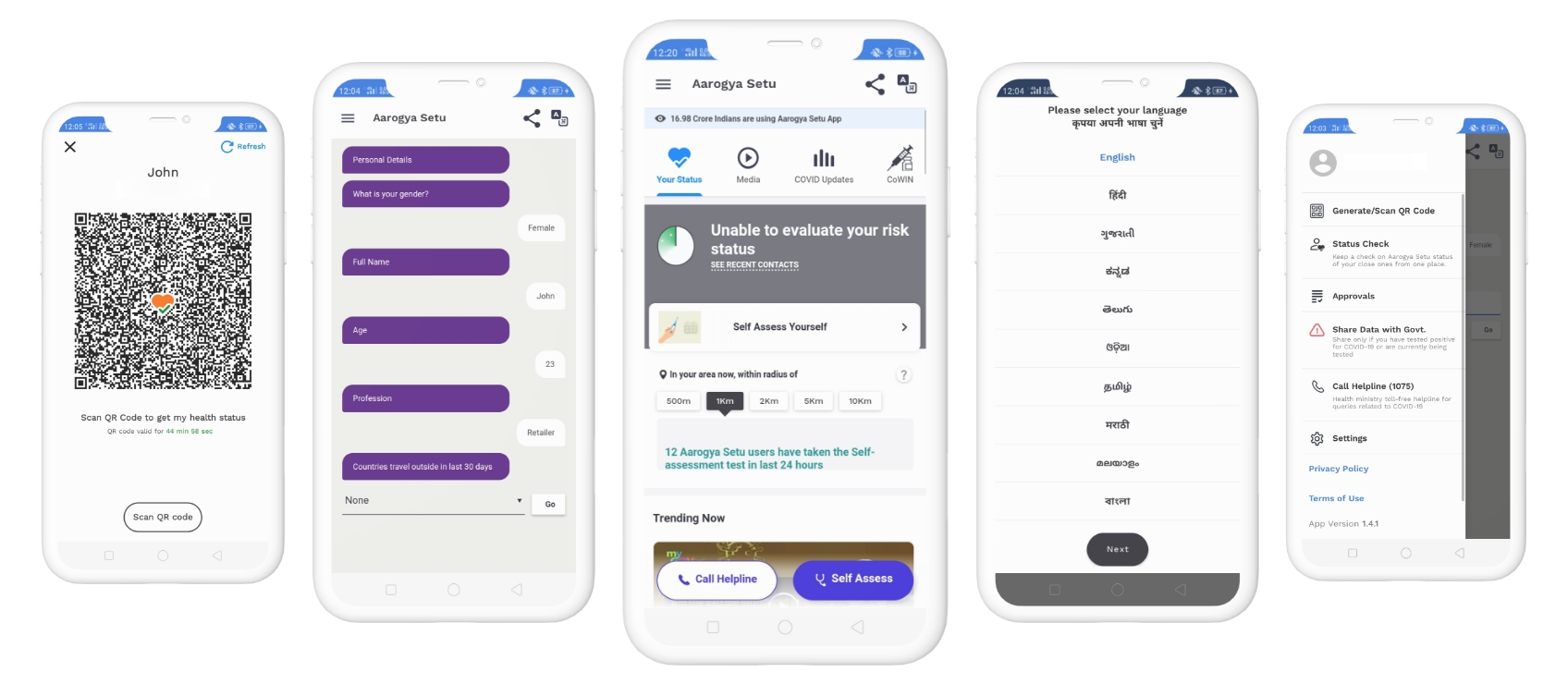 Screenshots of the arogya setu app