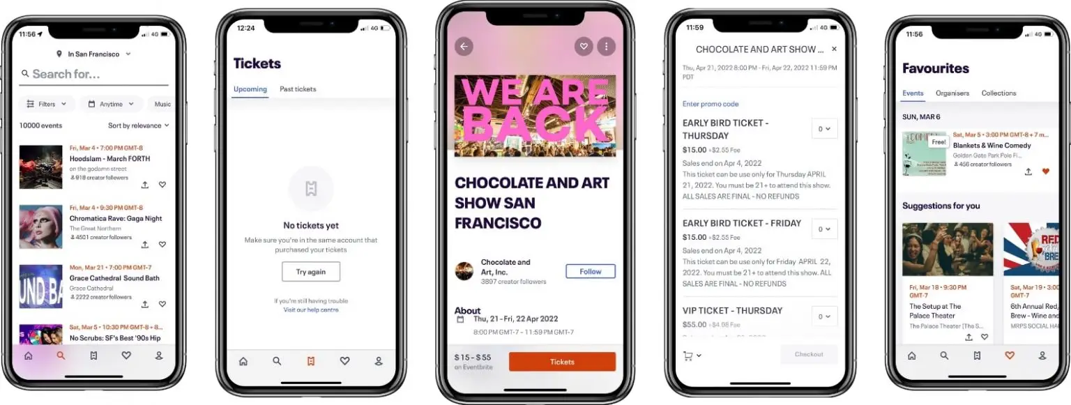 screenshots of the eventbrite app