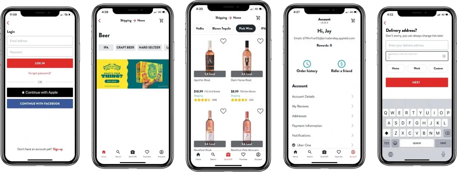 screenshots of the drizly application 