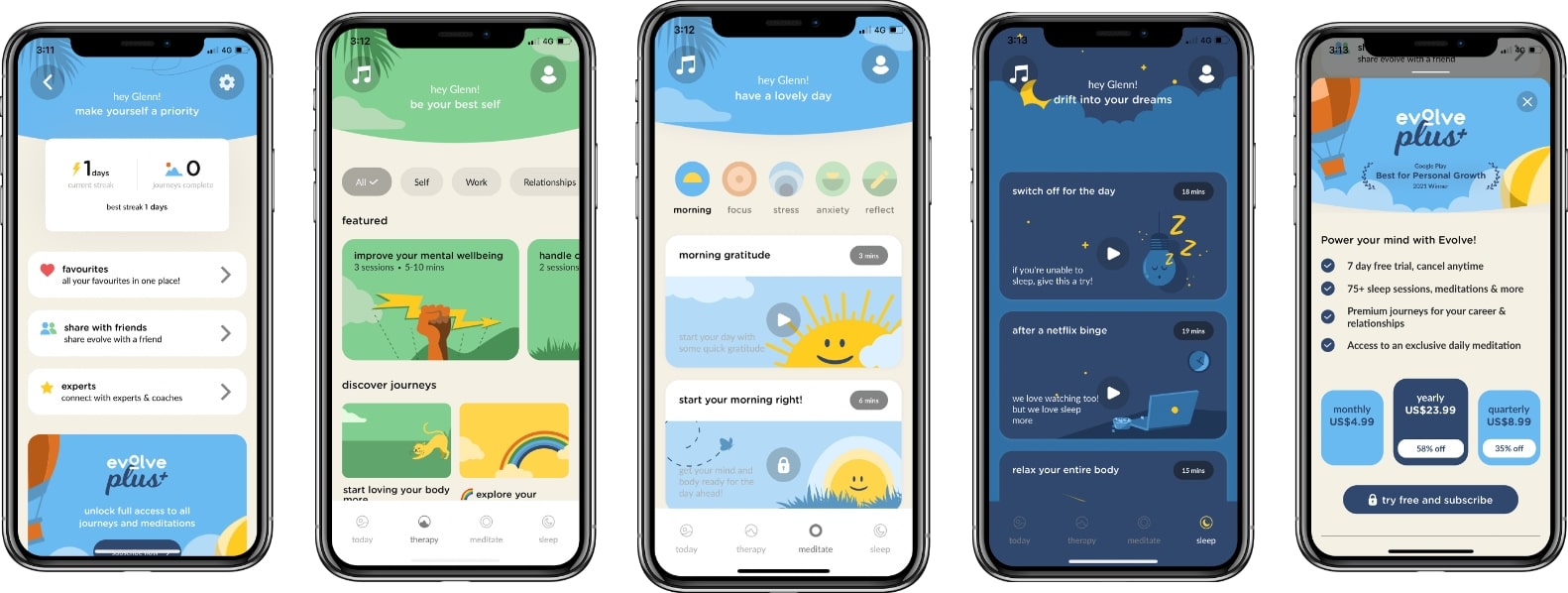 screenshots of the evolve self care tracker app