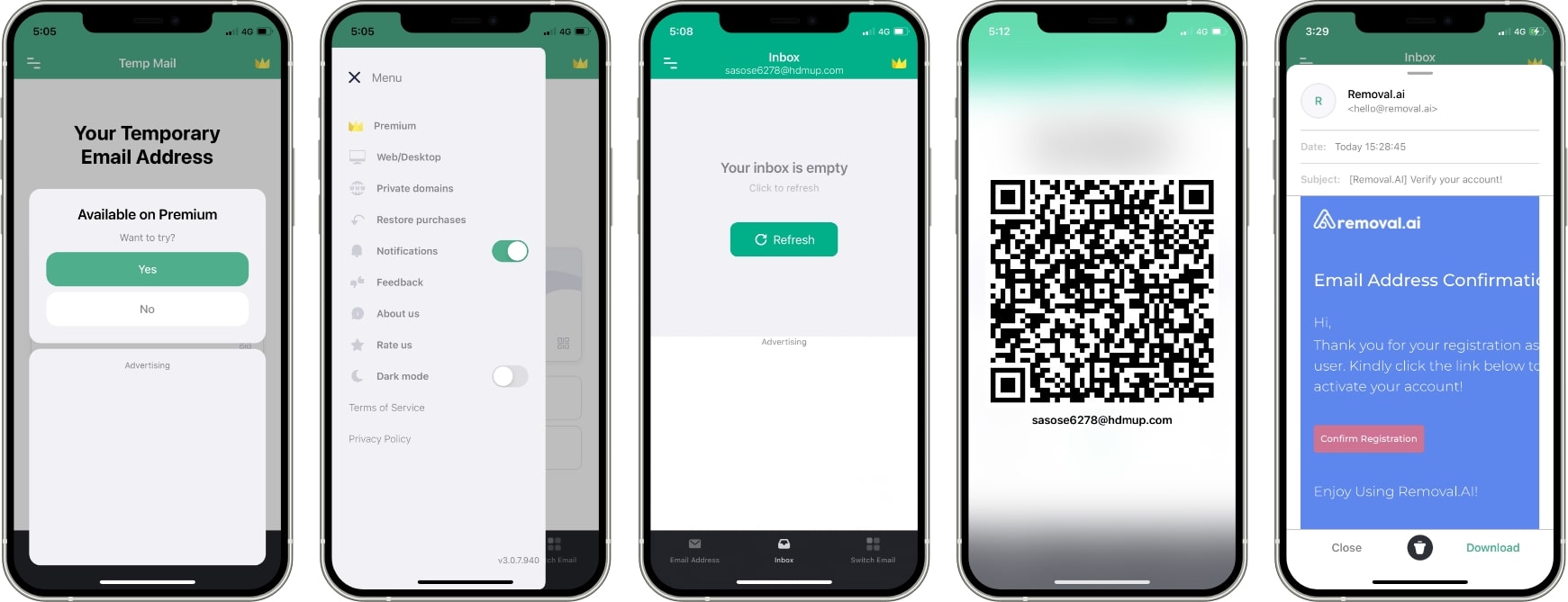 Screenshots of Temp Mail App