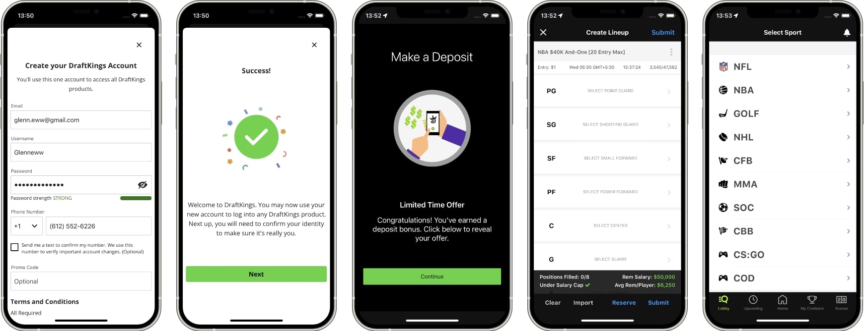 Screenshots of the DraftKings App