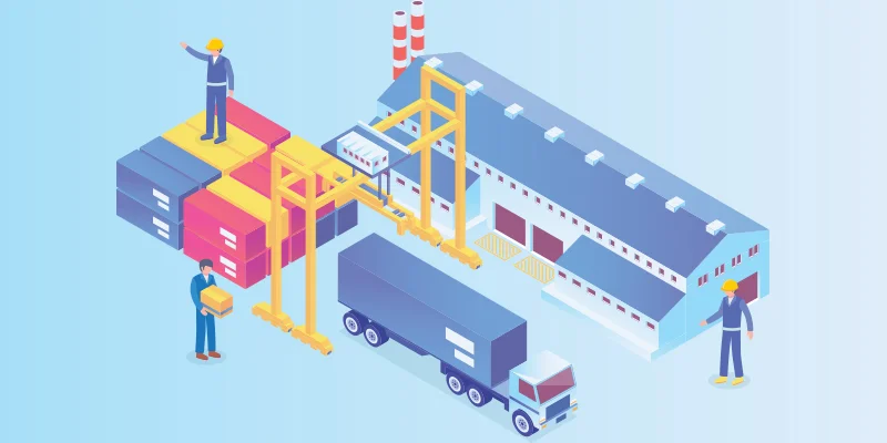 Illustration showcasing Warehouse Inventory Management And Control through the movement of goods and personnel within a warehouse setting.