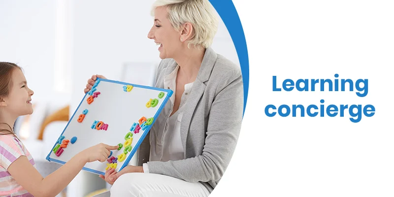 A female teacher and a young girl delight over a colorful magnetic board. As the girl points at letters, their smiles reflect genuine focus. To the right, the words Learning concierge services stand proudly against a white backdrop, encapsulating their shared educational journey.