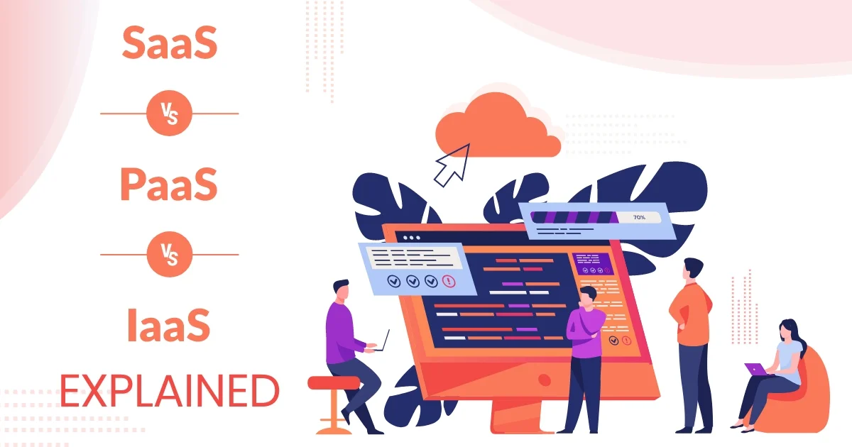 Illustration comparing SaaS, PaaS, and IaaS. It features people interacting with large computer screens displaying code and data. A person sits with a laptop while others stand discussing cloud solutions. An orange cloud with a cursor arrow appears above. Text reads SaaS vs PaaS vs IaaS Explained.