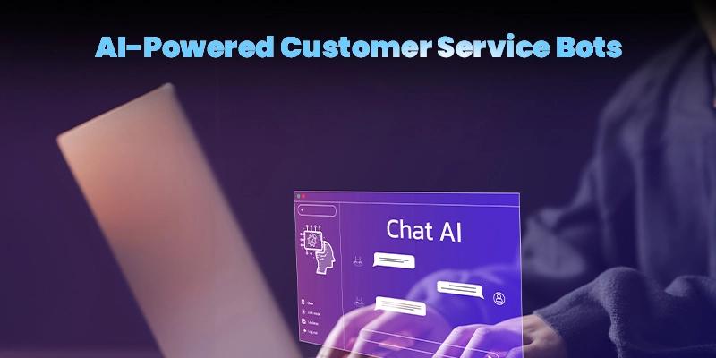 Image of AI Business idea for AI Powered Customer Service Bots. A person uses a laptop displaying a Chat AI interface with conversation bubbles.
