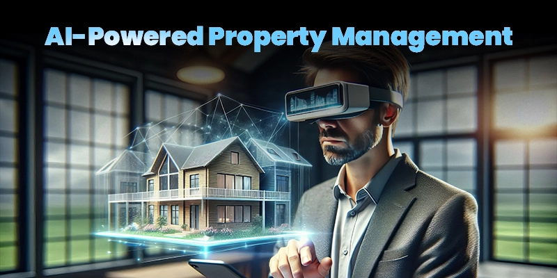 Image of AI-Powered Property Management where a man wearing a VR headset views and interacts with a holographic house model.