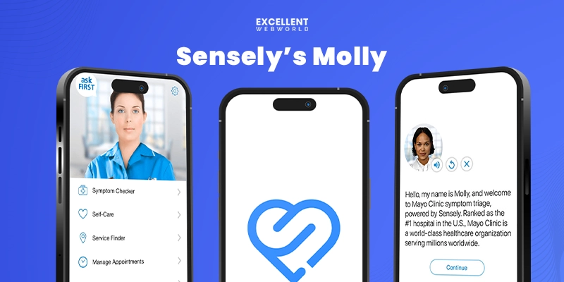 This image shows three phone screens displaying Senselys Molly a virtual medical assistant chatbot. It offers symptom checking self care and appointment management.