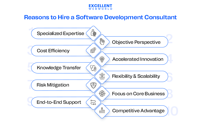 A list outlining various reasons to hire a Software Development Consultant, each with a brief description and an accompanying icon.