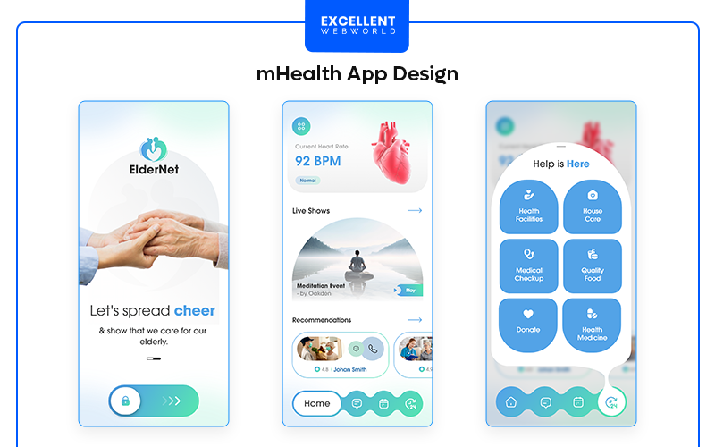 Three smartphone screens displaying a user interface design for an mHealth application focused on elder care
