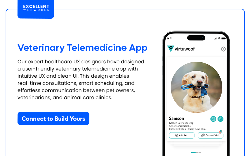 Image showcasing a smartphone displaying the user interface of a Veterinary Telemedicine App.