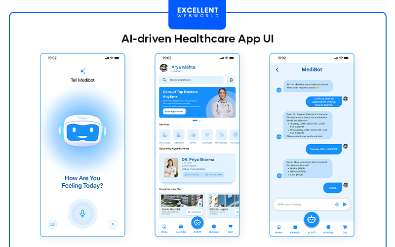 Three smartphone screens displaying the user interface of an AI-driven Healthcare App, showcasing chatbot interaction, doctor consultation options, and service listings.