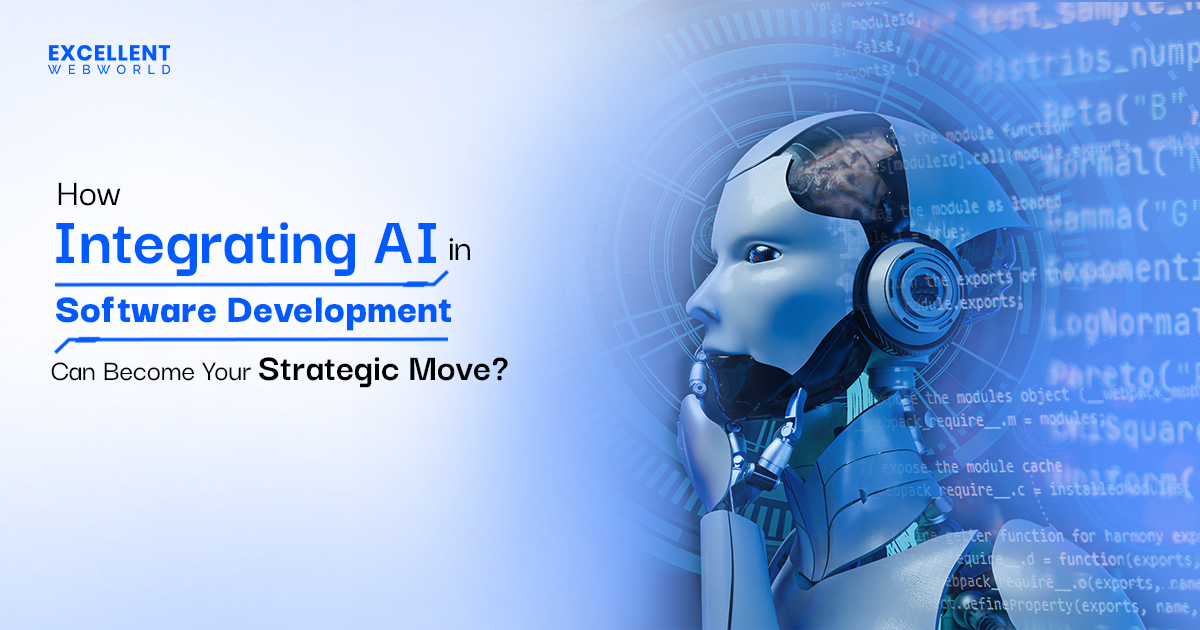 Image posing the question of how integrating AI in software development can be a strategic move, with a visual of a thinking robot overlaid with code.