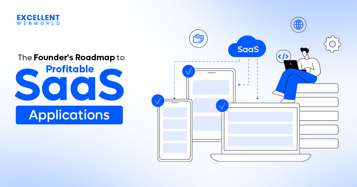 Image promoting a founder's roadmap for creating profitable SaaS applications, showing a cloud labeled SaaS Application Development.