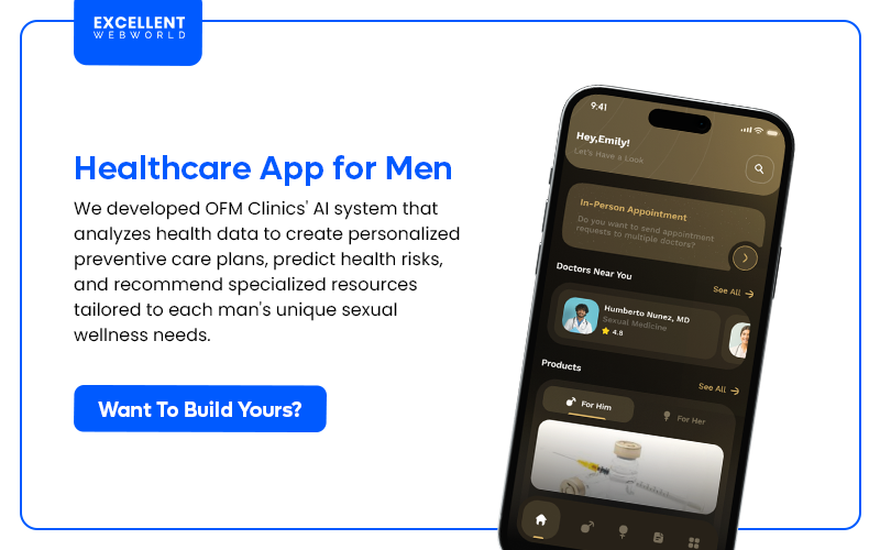 Image showcasing a smartphone displaying the user interface of a Healthcare App specifically designed for men's health.