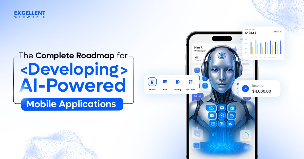 Image promoting a roadmap for developing AI-powered mobile applications, showcasing an AI interface on a smartphone with integrated features.