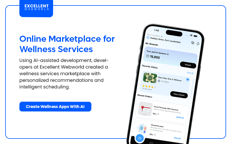 Image showcasing a smartphone displaying the user interface of an AI-Assisted Online Marketplace for Wellness Services app client.
