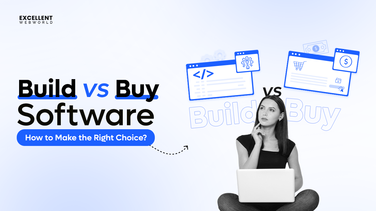 Image showing girl with laptop considers build vs buy software icons and text asking how to make the right choice.