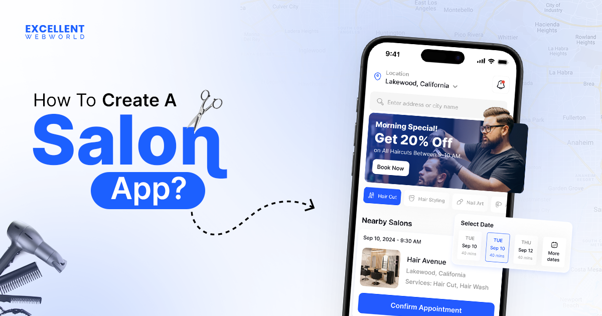 Salon app development with mobile screen showing salon services, discounts, and booking options.