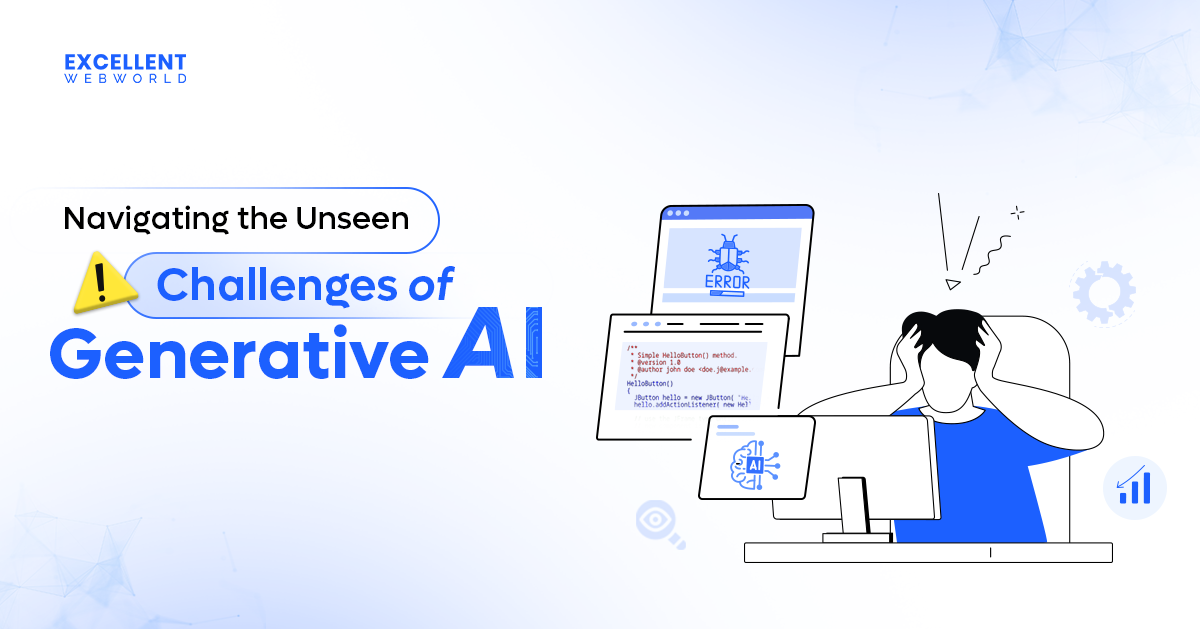 Challenges of Generative AI are illustrated with a frustrated developer, error messages, and AI-related icons.