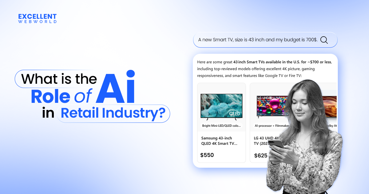 Woman on her phone next to an AI in retail result showing a 43-inch Smart TV to illustrate the technology's use.