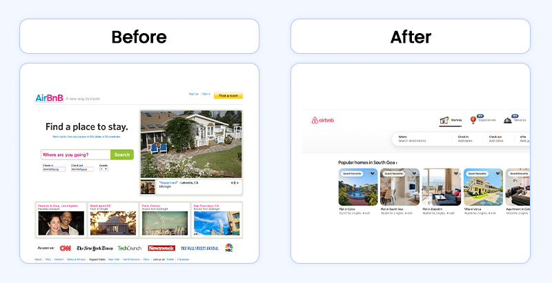 A side-by-side comparison of the early and current Airbnb website designs as an MVP example of platform evolution.
