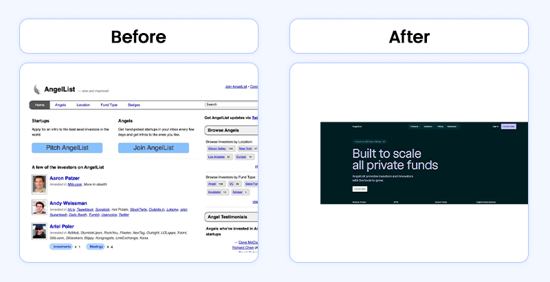 A before-and-after look at the AngelList website, a great MVP example of an evolving platform for startups.