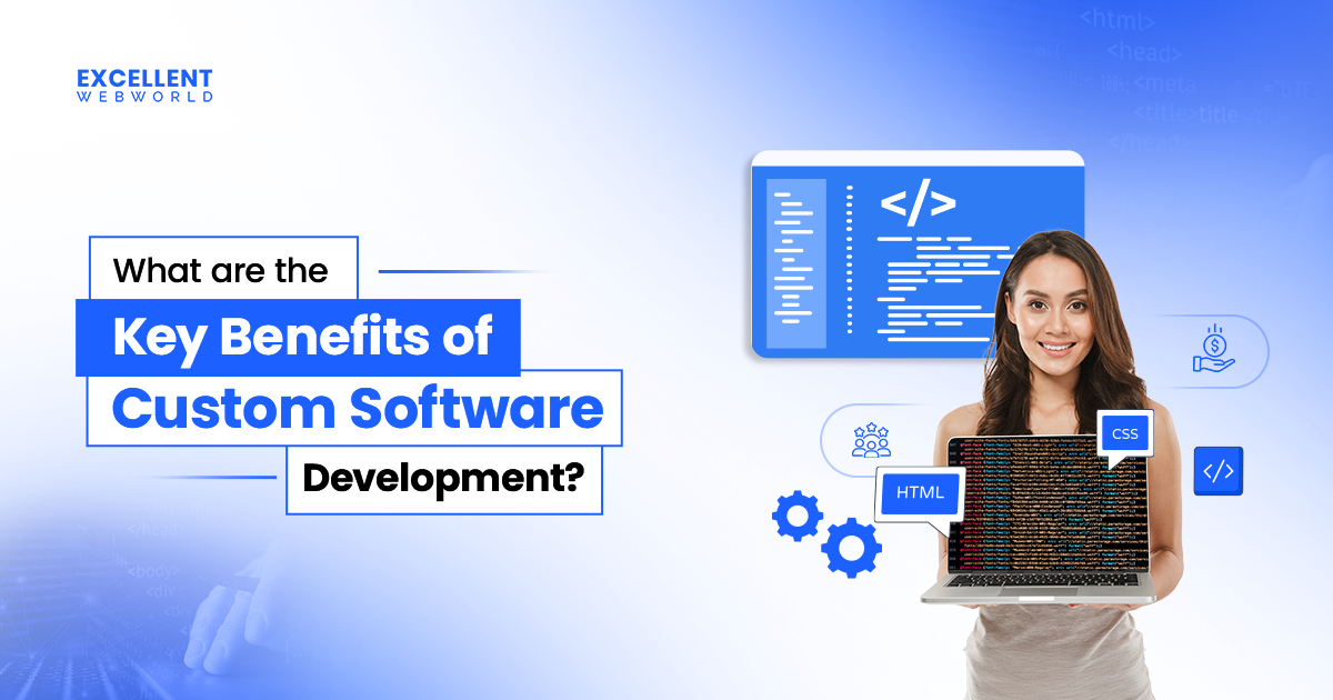 What are the key benefits of custom software development? A smiling woman holding a laptop with code on the screen and floating software-related icons, illustrating the benefits of custom software development.