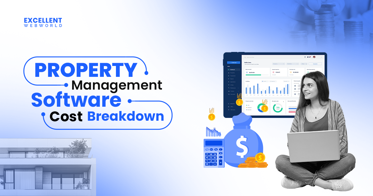 A woman with a laptop analyzes the property management software cost and breakdown, visualized by a dashboard and financial graphics.