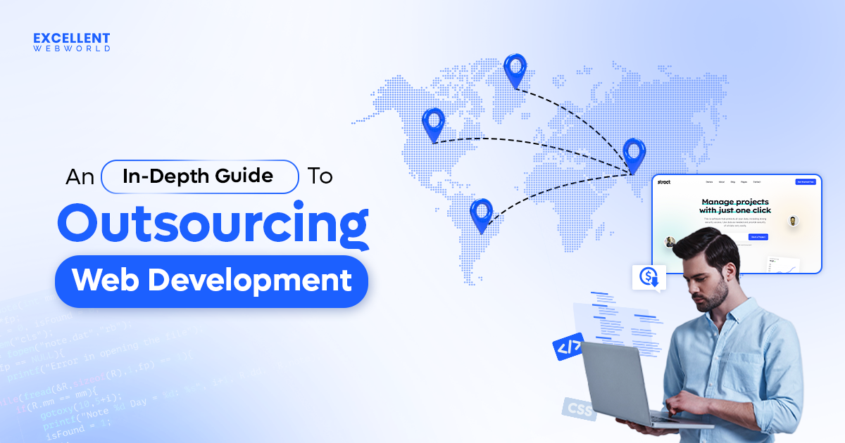 Key visual for an In-Depth Guide to Outsourcing Web Development, showing a developer with a laptop and a global map connecting outsourcing locations