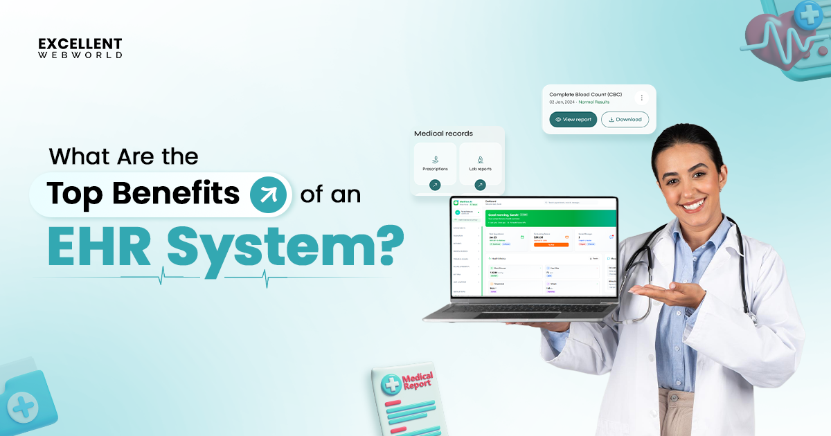 Smiling female doctor presenting a laptop showing a EHR system dashboard and medical records, illustrating the top benefits of an EHR systems.