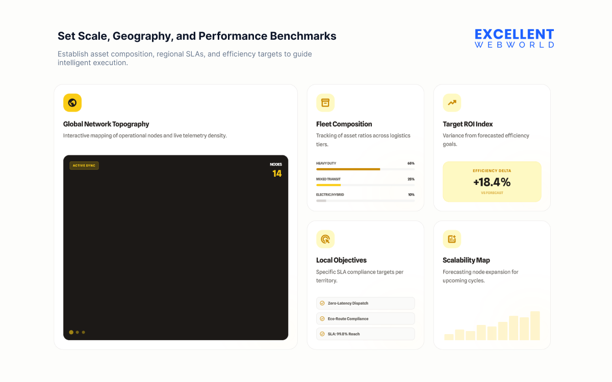 Enterprise fleet management dashboard illustrating the first step of software building, setting scale, geography, and performance benchmarks.
