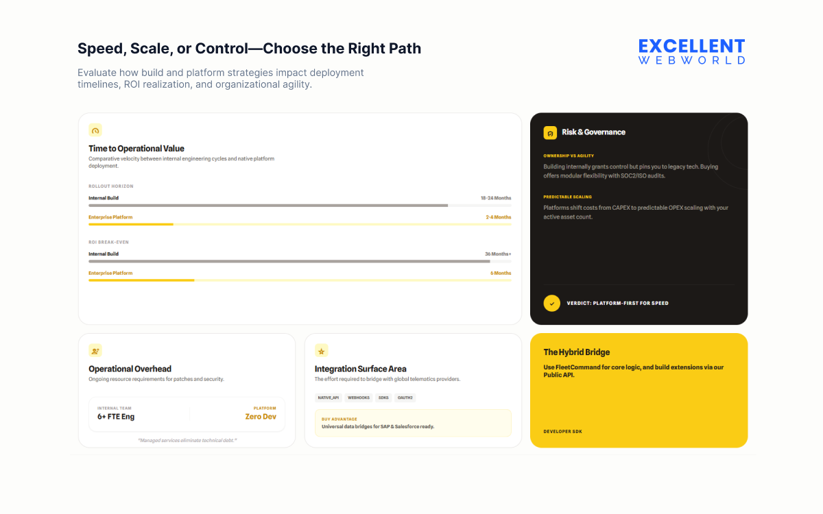 Comparison of internal build versus enterprise platform strategies for fleet software, highlighting ROI timelines and operational overhead.
