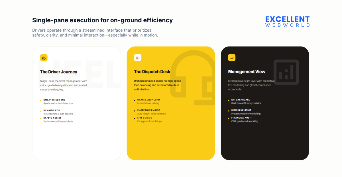 User-centric fleet management interface displaying three execution pillars: the driver journey, dispatch desk, and management oversight view.