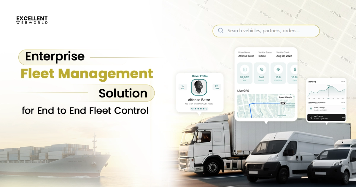 Enterprise Fleet Management Solution for end-to-end fleet control featuring GPS tracking, driver data, delivery vans, and cargo ships.