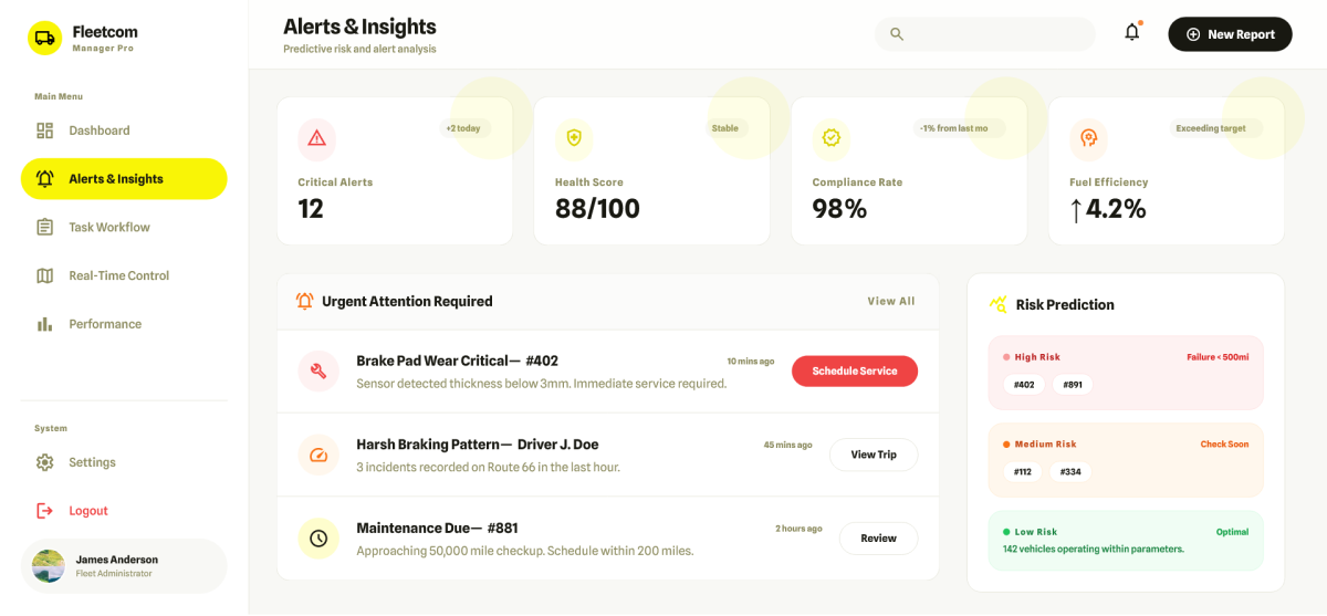 Enterprise Fleet Management Solution Alerts & Insights dashboard displaying critical alerts and an health score.