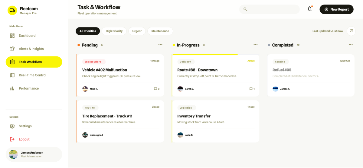 Fleet operations management dashboard featuring a task workflow interface with columns for pending, in-progress, and completed fleet tasks.