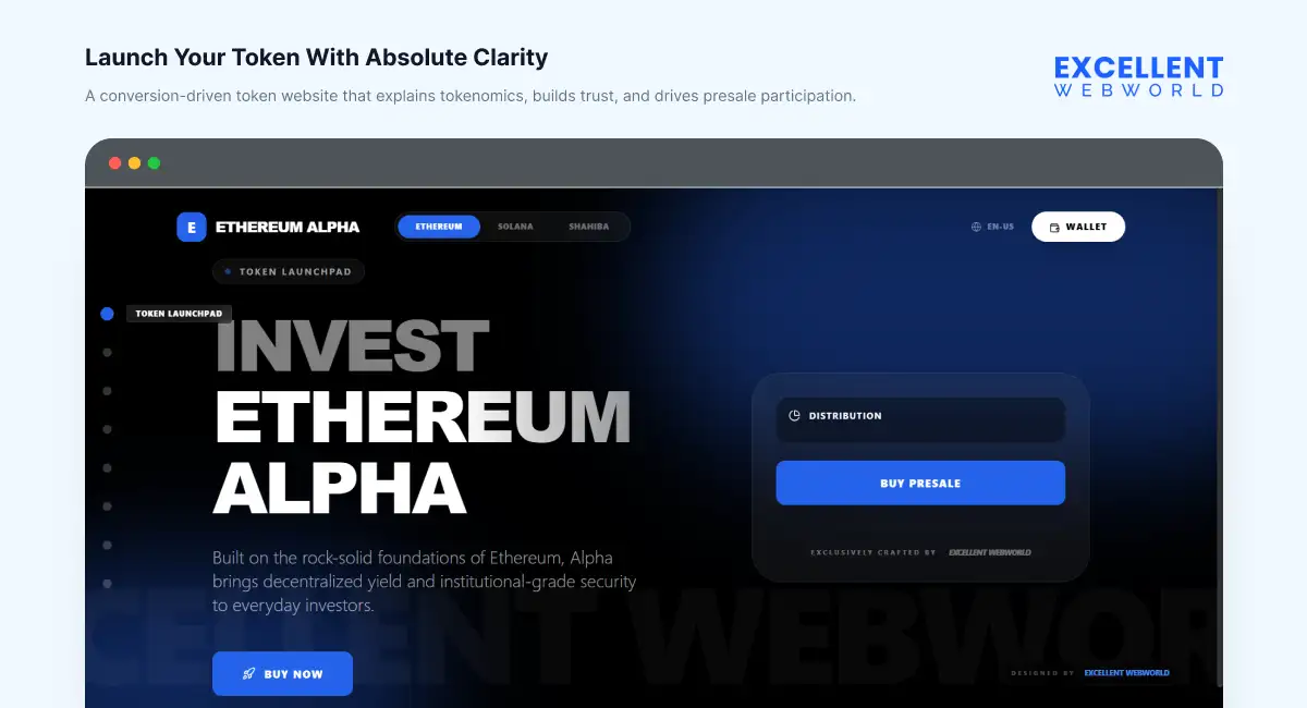 A token website interface for highlighting conversion-driven design and tokenomics for presale participation.