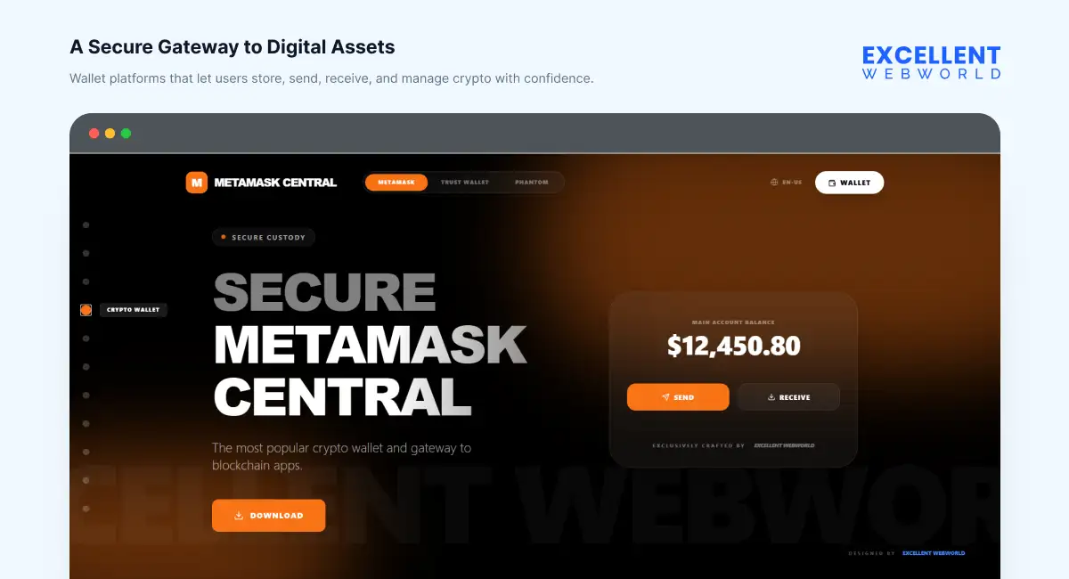 Crypto wallet website interface showing secure custody features, account balances, and options to send or receive digital assets.