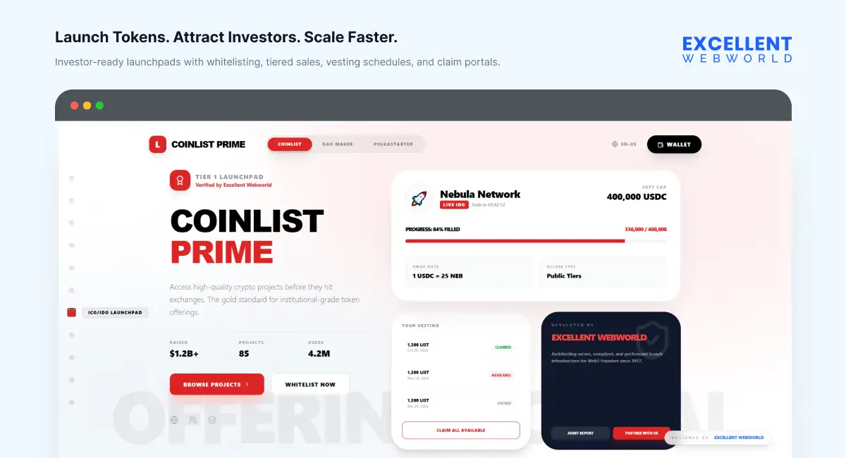 Crypto launchpad website interface featuring whitelisting and tiered sales for crypto projects, including a IDO tracker.