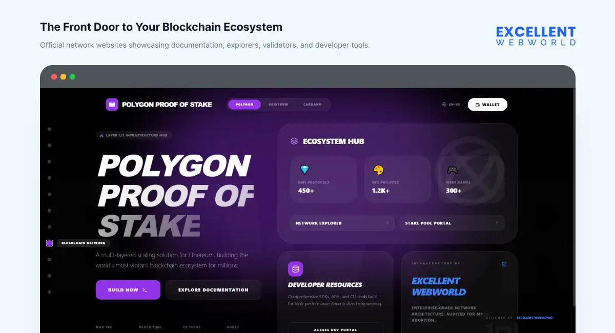 Blockchain Network Hub interface for community-led decision-making, featuring proposal tracking and transparent on-chain voting for the network.