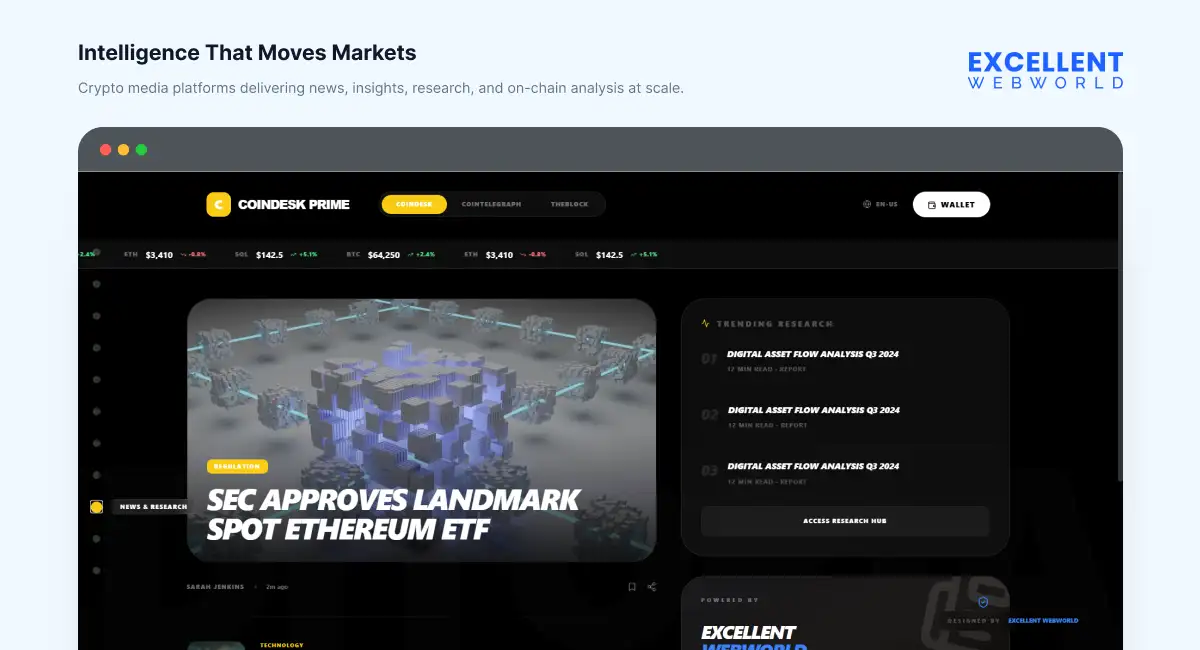 Crypto news platform website interface showing on-chain analysis and news.