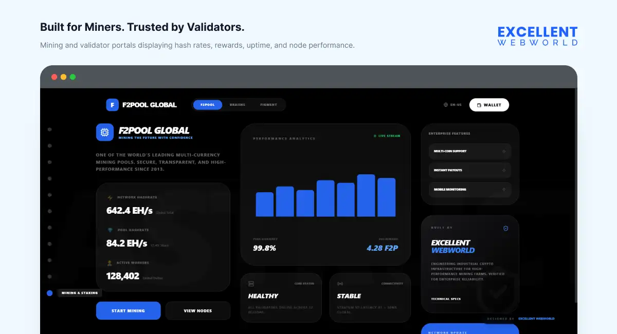 Cryptocurrency mining portal website dashboard showcasing network hash rates, performance analytics charts, and validator node status.