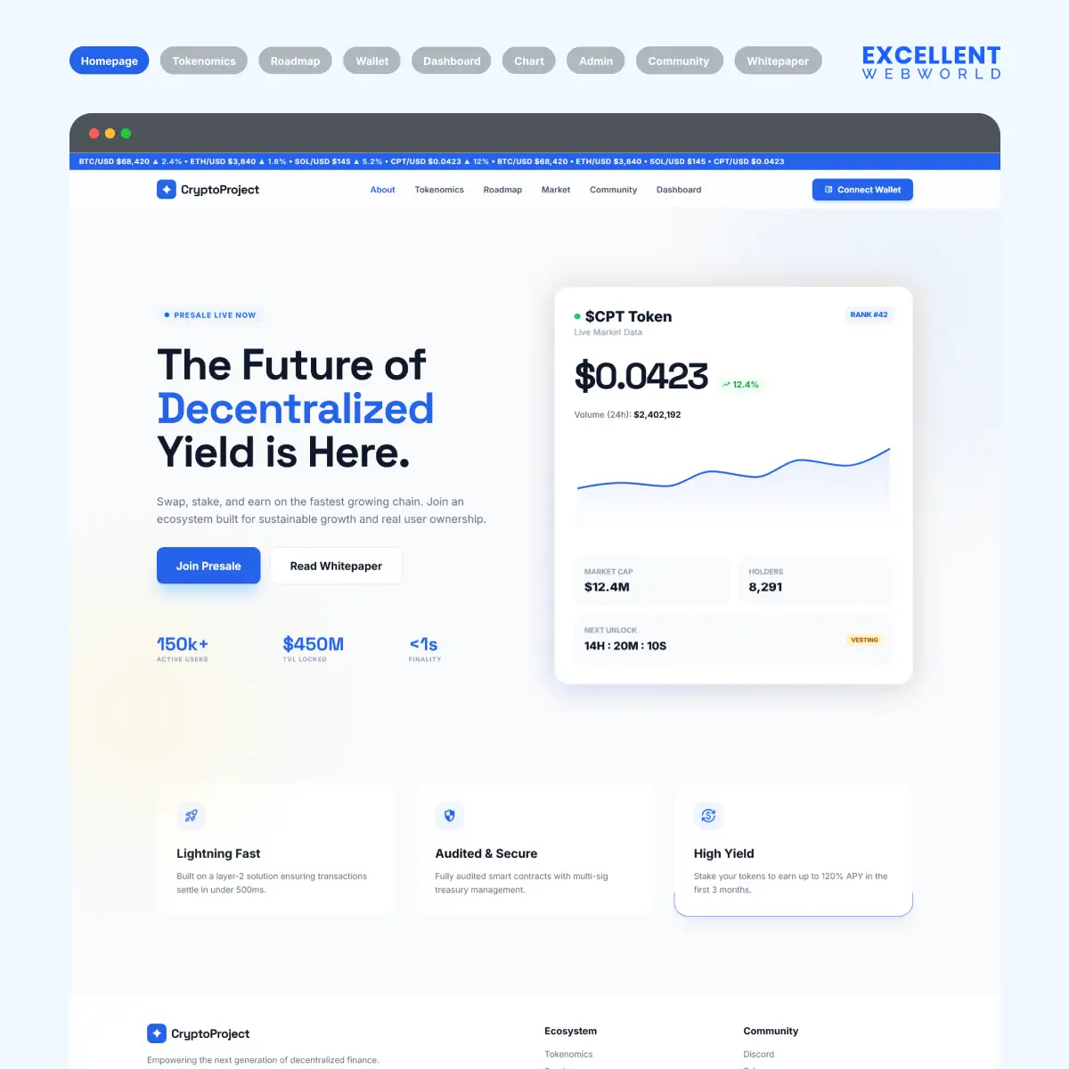 Crypto homepage screen highlighting decentralized yield, token presale options, live token market data, and ecosystem metrics.