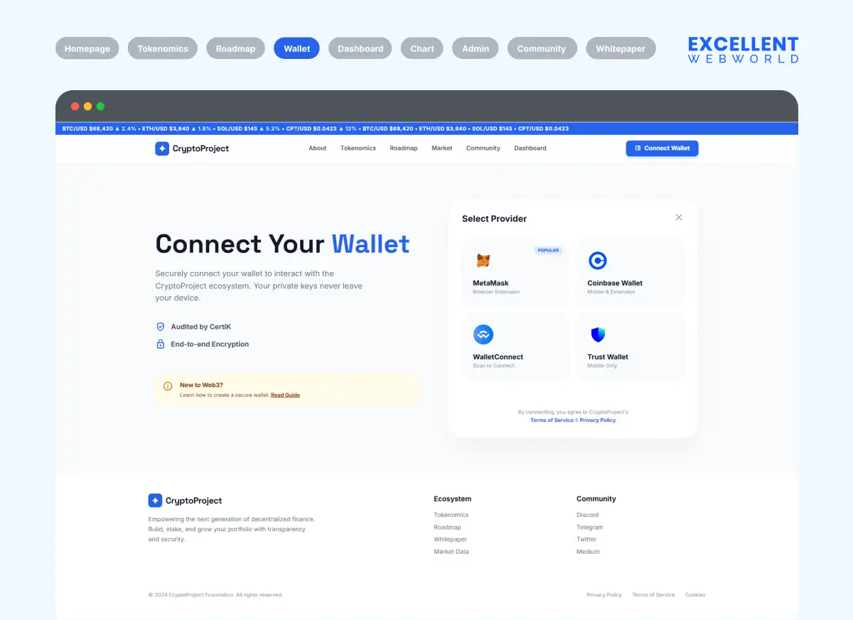 Crypto wallet integration screen allowing users to securely connect providers like MetaMask, Coinbase, and Trust Wallet to the ecosystem.