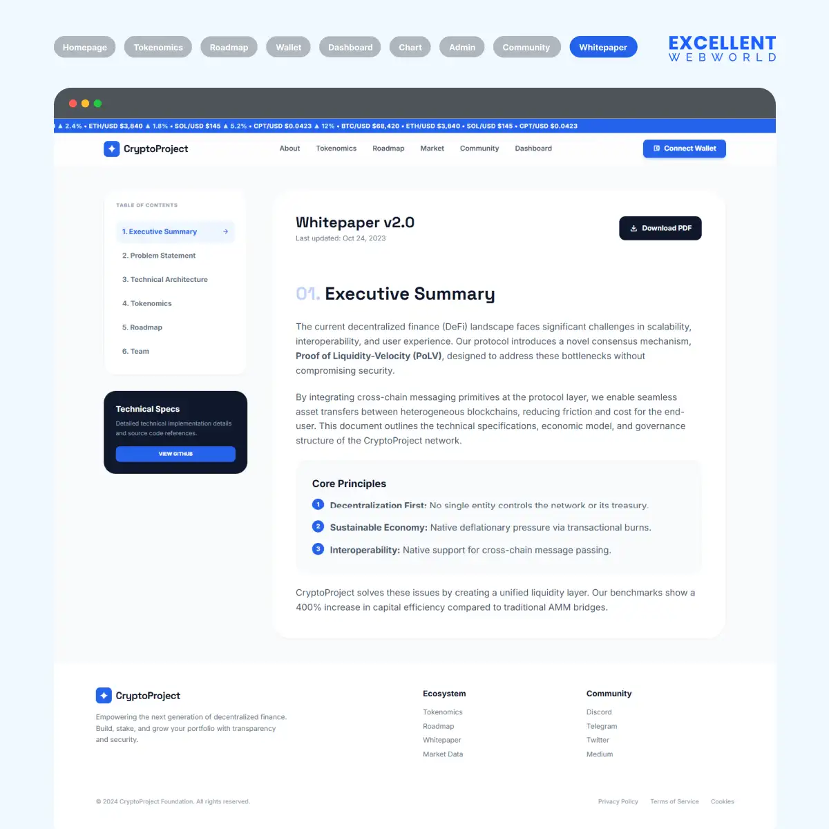 Crypto whitepaper screen featuring an executive summary of the DeFi protocol, its core principles, and a downloadable PDF for investors.