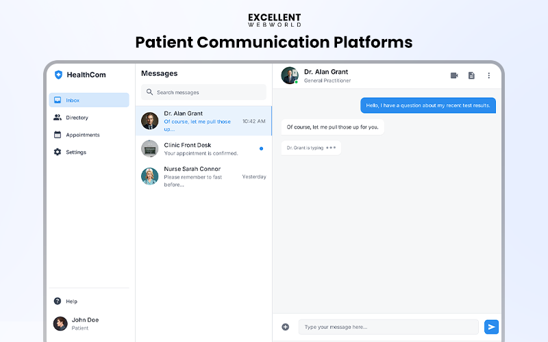 User interface of the patient communication platform, showing a direct messaging chat between a patient and a general practitioner.