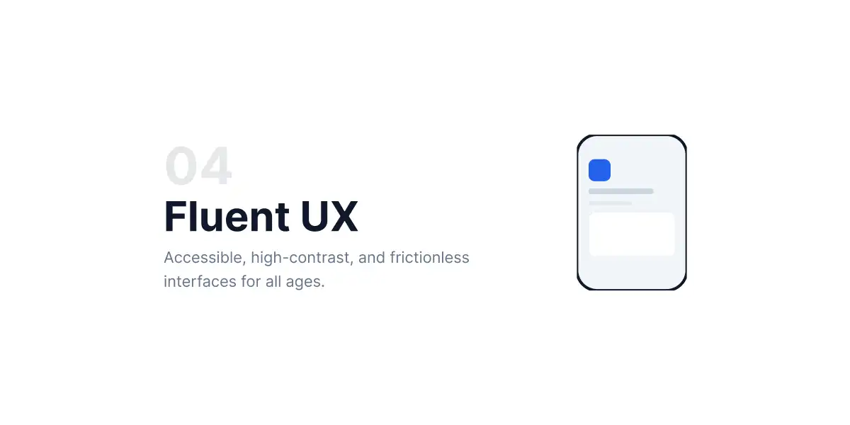 Fluent UX design principles for healthcare apps, focusing on accessible, high-contrast, and frictionless interfaces for patients of all ages.