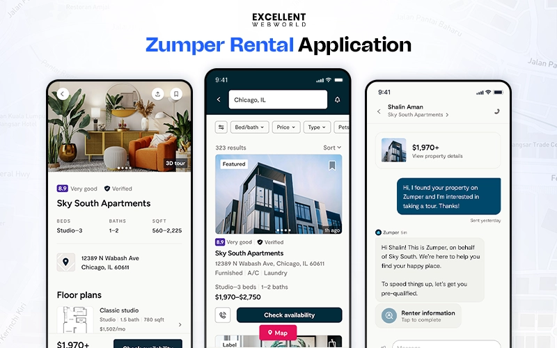 User interface displays of a Zumper-like rental application featuring property details, search results, and in-app chat for direct communication.